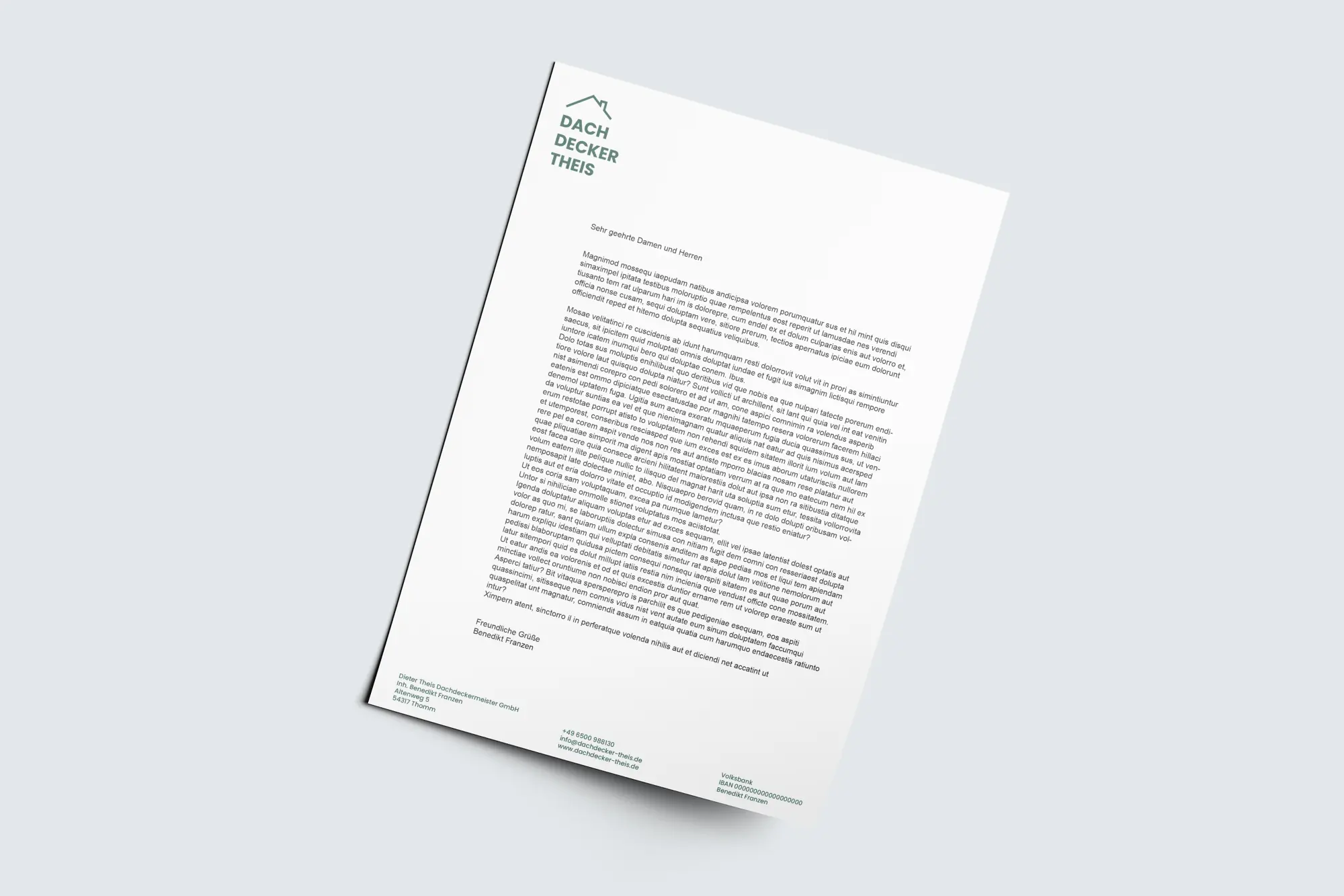 Briefbogen des Dachdeckerbetriebs 'Dachdecker Theis' mit Logo, Anschrift und Kontaktdaten.