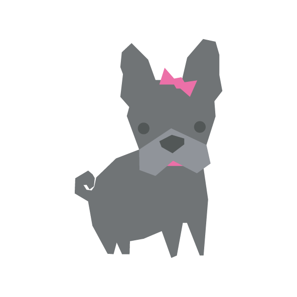 Illustriertes Motiv einer französischen Bulldogge mit Schleife im geometrischen Stil, grau mit pinker Schleife auf weissem Grund.