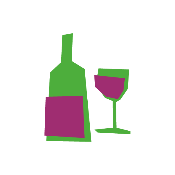 Illustriertes Motiv einer Weinflasche mit Glas im geometrischen Stil, grün und violett auf weissem Grund.
