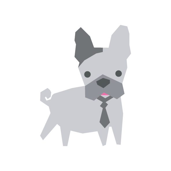 Illustriertes Motiv einer französischen Bulldogge mit Krawatte im geometrischen Stil, grau auf weissem Grund.