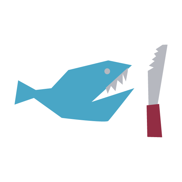 Illustriertes Motiv eines Fisches mit Messer im geometrischen Stil, blau und rot auf weissem Grund.