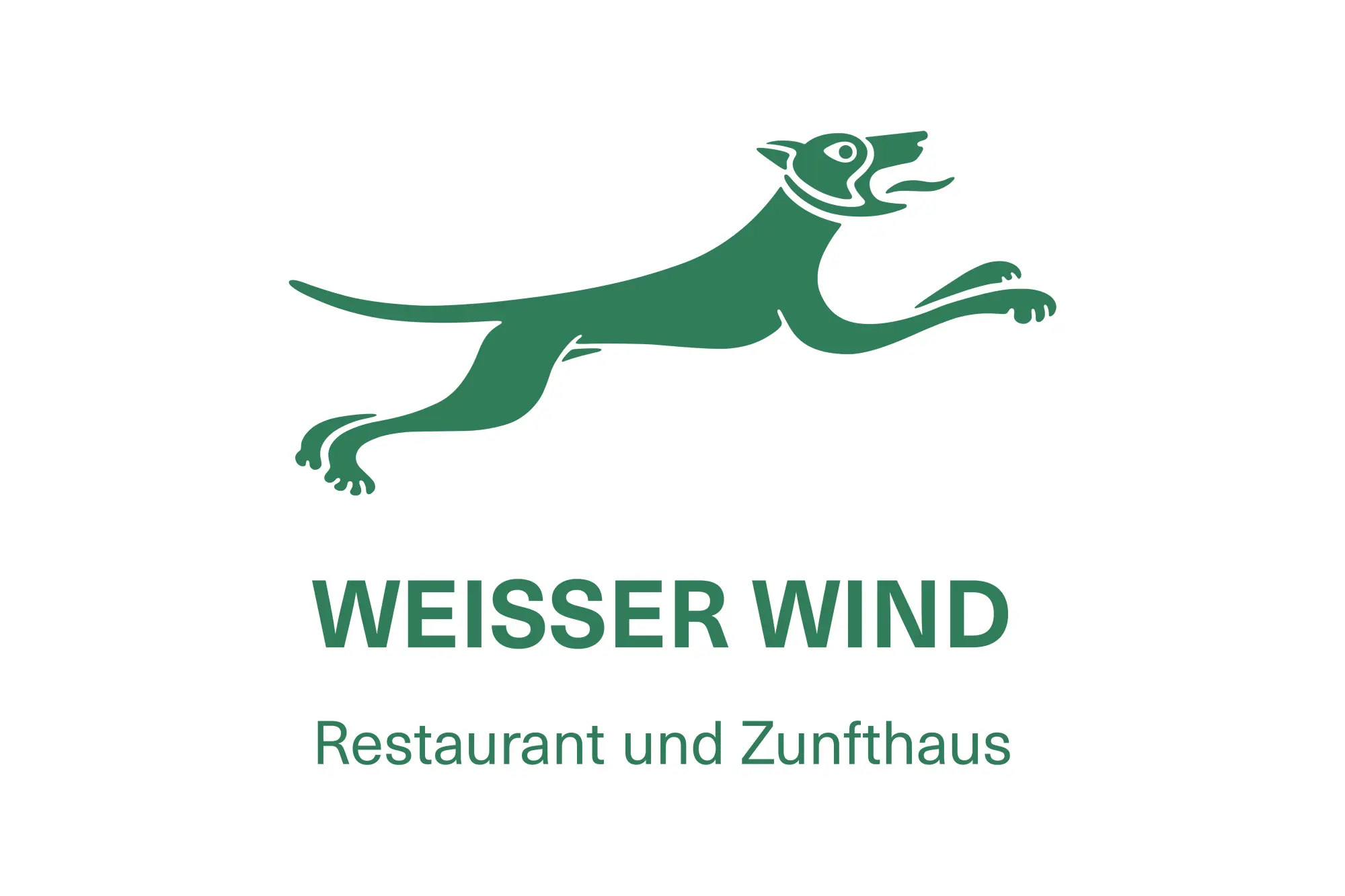 Grünes Logo mit einem stilisierten, springenden Hund und dem Schriftzug 'Weisser Wind'. Darunter steht 'Restaurant und Zunfthaus'.